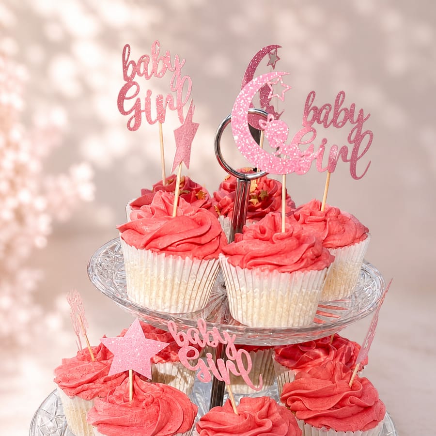 A glass tier stand of pink-frosted cupcakes with ‘baby girl’ toppers